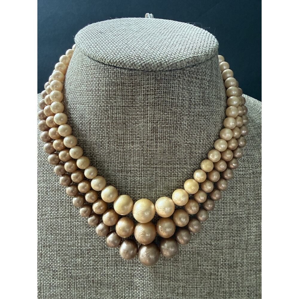 Vintage Brushed Faux Pearl Beaded Necklace Champagne Choker 3 Strand Layered 17”